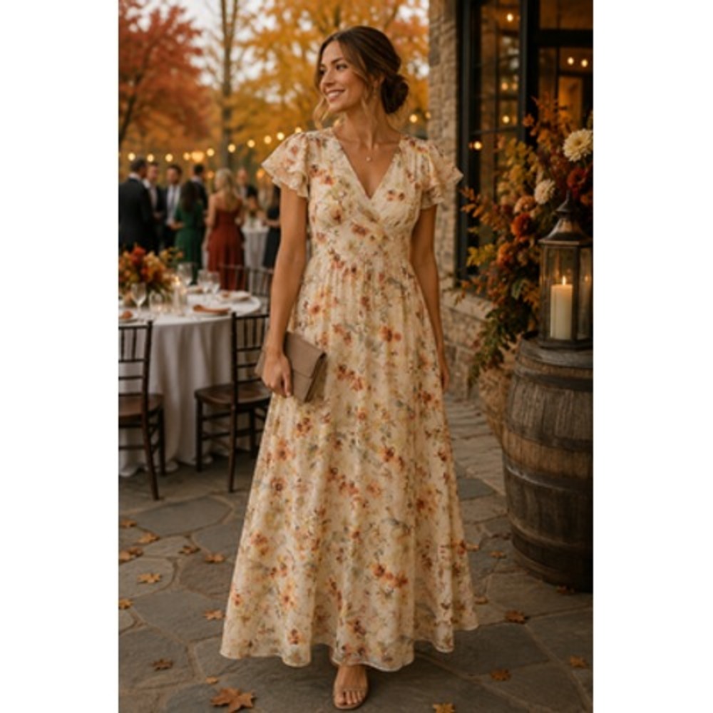 By The River Dress Womens Large Cream Floral Chiffon Maxi Flutter Sleeve V Neck